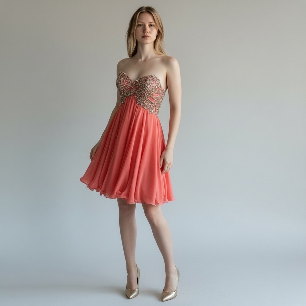 Evenings by Allure Strapless Coral Pink Embellished Corset Dress Size‎ 6 Formal